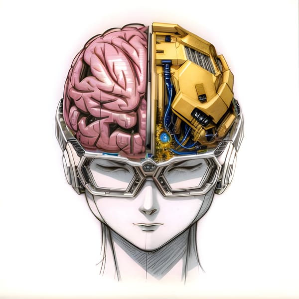 A brain with a biological hemisphere and electro-mechanical hemisphere working together.