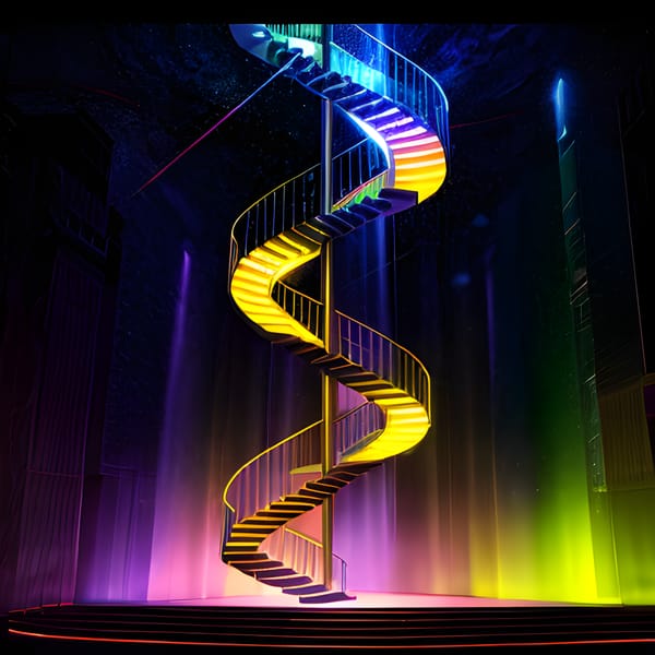 A polychromatic spiral staircase ascending into a starry void.