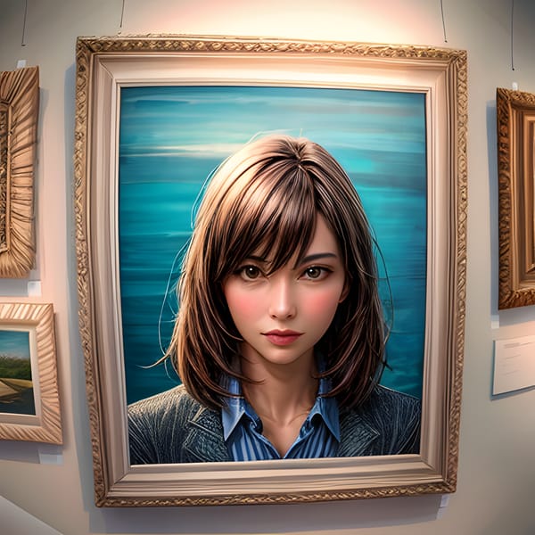 A gilded frame portrait hanging in an art gallery featuring a young woman on an abstract blue background.