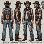 A turnaround character sheet of Randy 'Whiskey' Tucker, the lead singer and songwriter of the fictional band 'Whiskey Rodeo.' Randy is a wiry man with a slight paunch, wearing a graying mullet under his worn cowboy hat. He has bloodshot eyes and faded tattoos on his arms. His attire includes stained jeans, a chain wallet, a sleeveless leather jacket with patches and pins, and worn leather boots. Randy has a relaxed yet confident stance, exuding a rebellious and authentic vibe.