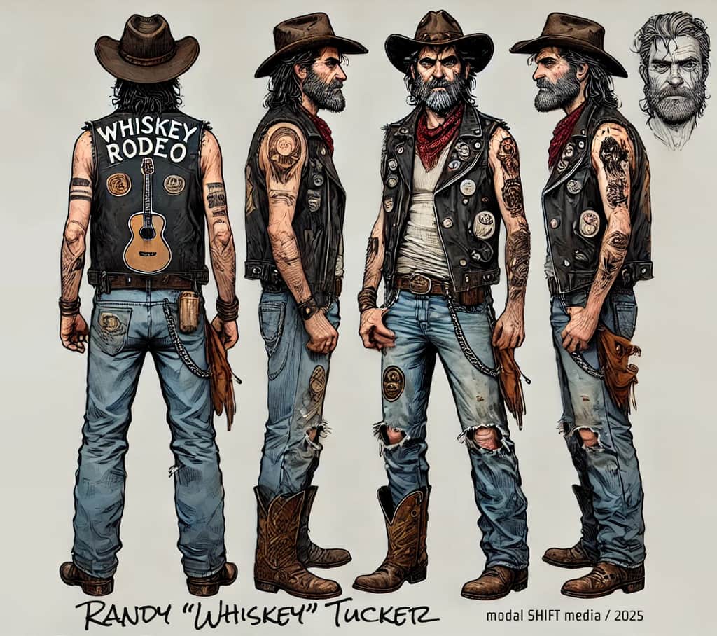 A turnaround character sheet of Randy 'Whiskey' Tucker, the lead singer and songwriter of the fictional band 'Whiskey Rodeo.' Randy is a wiry man with a slight paunch, wearing a graying mullet under his worn cowboy hat. He has bloodshot eyes and faded tattoos on his arms. His attire includes stained jeans, a chain wallet, a sleeveless leather jacket with patches and pins, and worn leather boots. Randy has a relaxed yet confident stance, exuding a rebellious and authentic vibe.