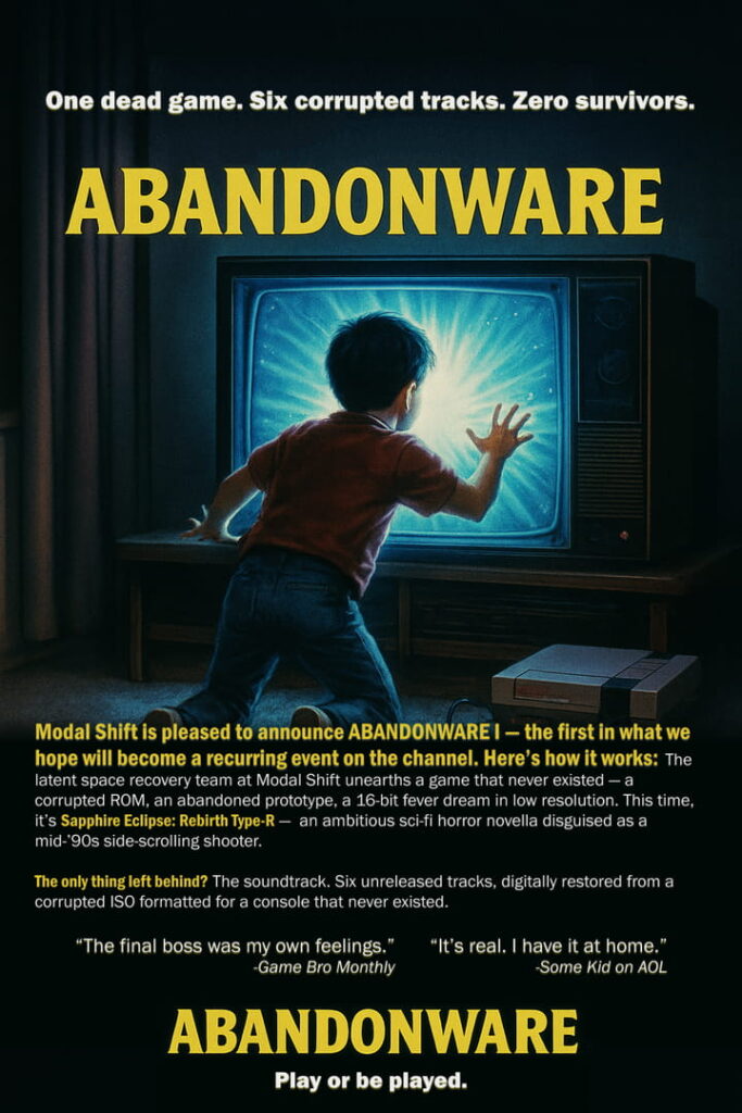 Promotional flyer for Modal Shift Media’s "Abandonware I" ARG event, styled as a vintage 1990s video game magazine ad. Taglines like “One Dead Game. Six Corrupted Tracks. Zero Survivors.” and a kid getting sucked into a glowing, vintage TV-set hint at a mysterious, horror-tinged narrative.