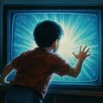 A kid getting sucked into a glowing, vintage TV-set.